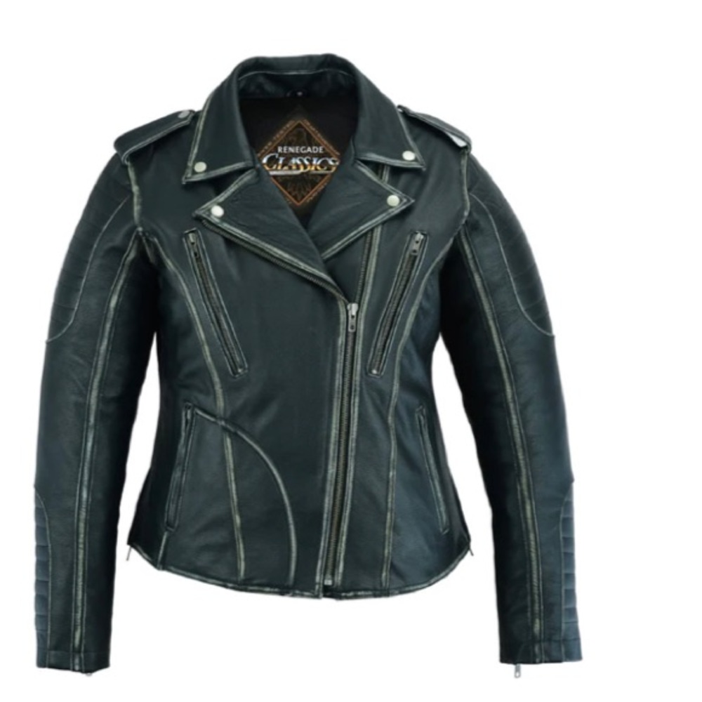 RENEGADE CLASSICS "BLACKHEART" LADIES RUB OFF HOODED LEATHER MOTORCYCLE JACKET